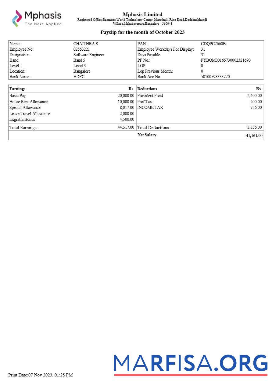 Realistic Mphasis IT company payslip example